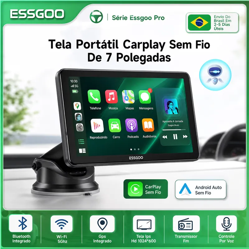 ESSGOO Tela Portátil 7" CarPlay Android Auto para Carro