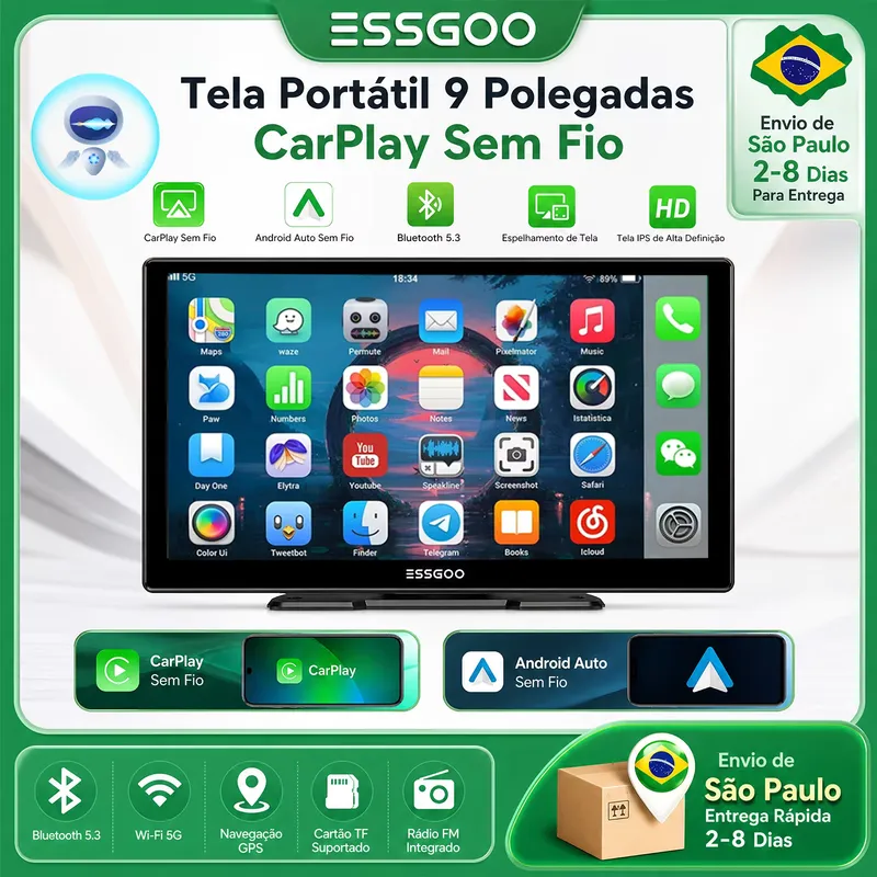 ESSGOO Tela Portátil 9" CarPlay Android Auto Sem Fio
