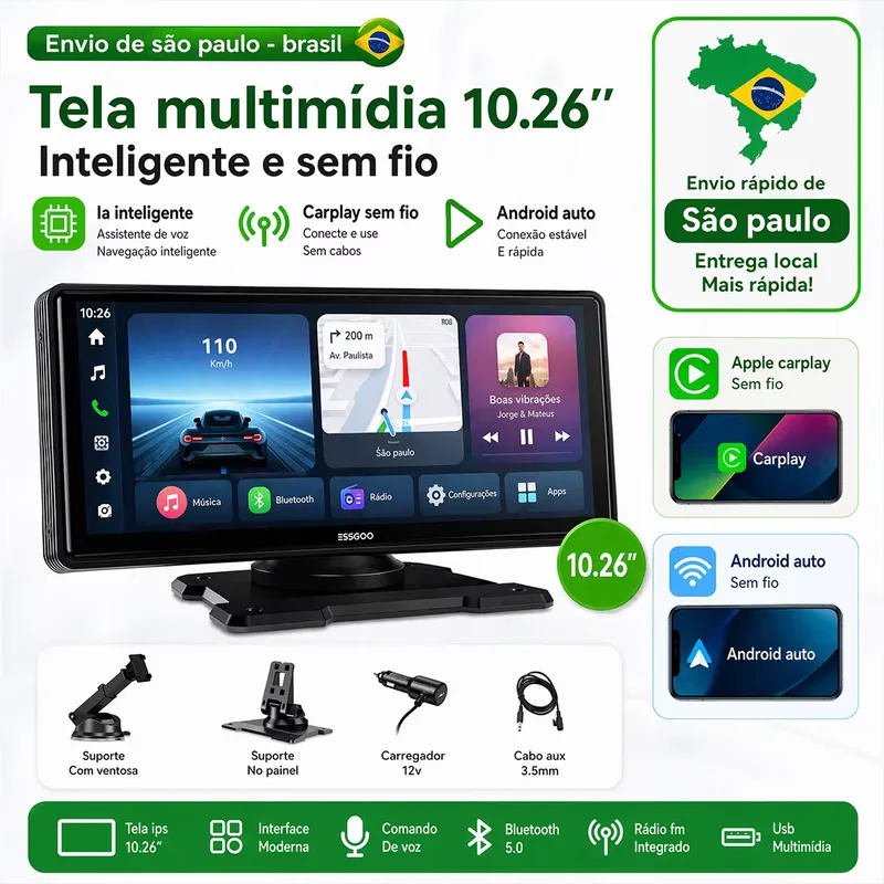 ESSGOO Tela Portátil 10,26" CarPlay Android Auto DVR