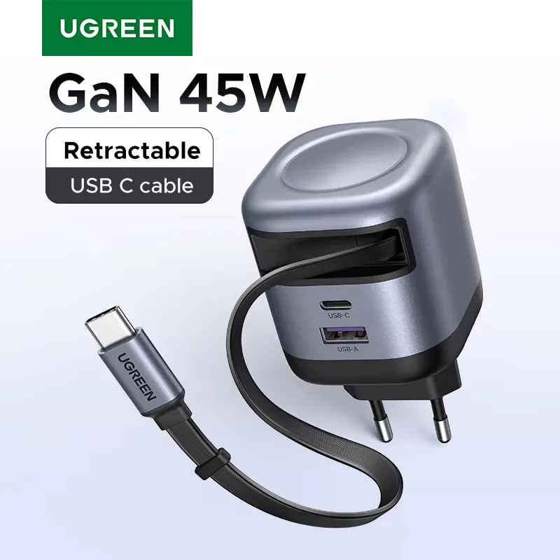 Ugreen Carregador 45W GaN com Cabo Retrátil USB-C