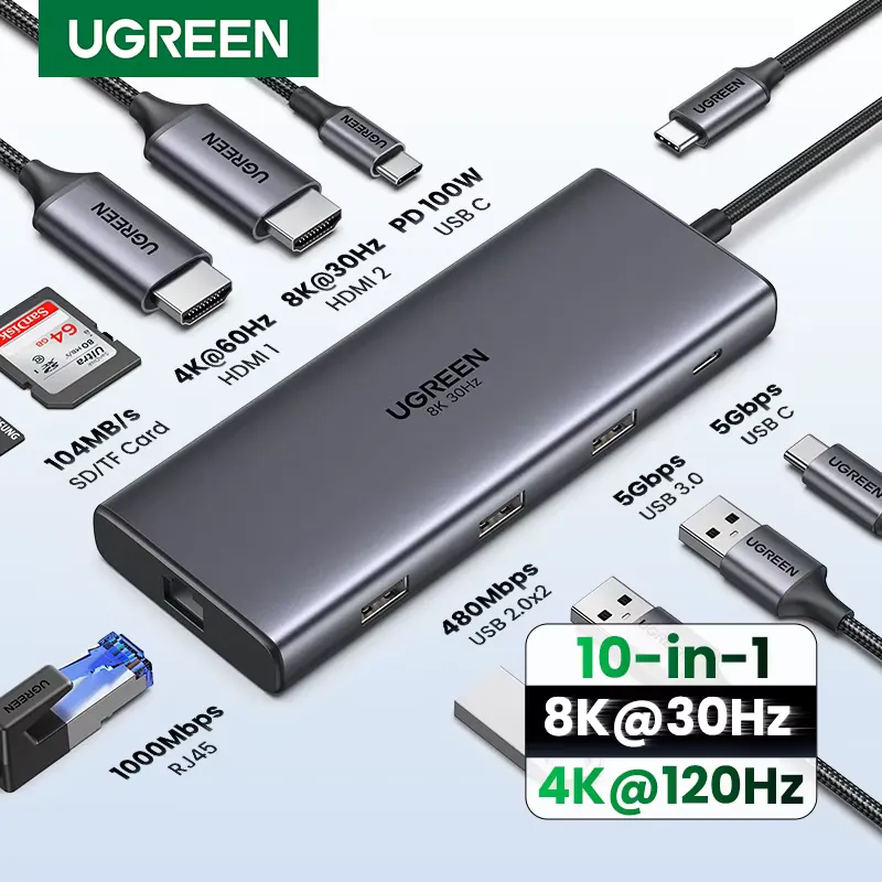 Ugreen Hub USB-C 10 em 1 com Dual HDMI 8K e Ethernet