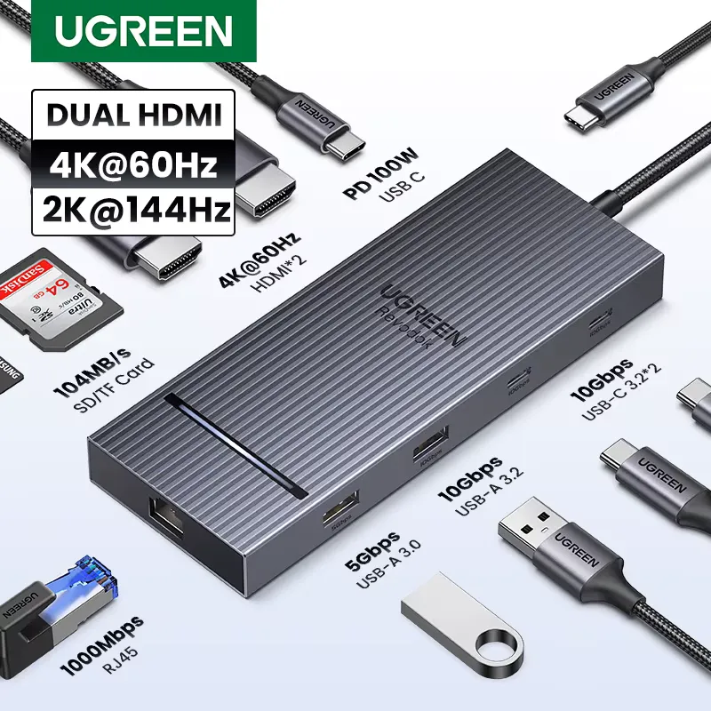 Ugreen Hub USB-C Duplo Monitor 4K 100W PD