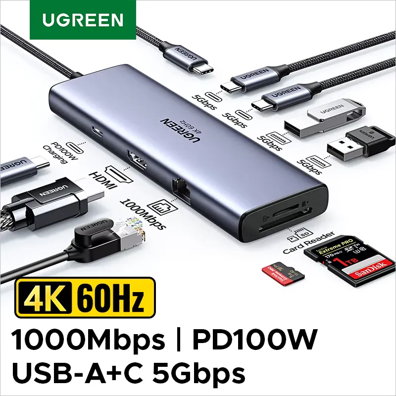 Ugreen Hub USB-C 4K HDMI Gigabit RJ45 e SD/TF